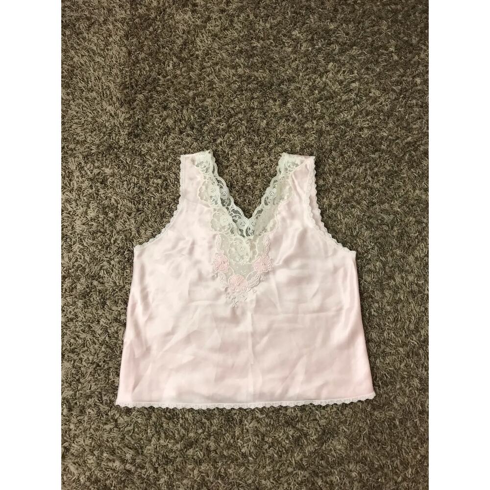 Vintage light pink sleep top with adorable dainty lace, bead, and flower details